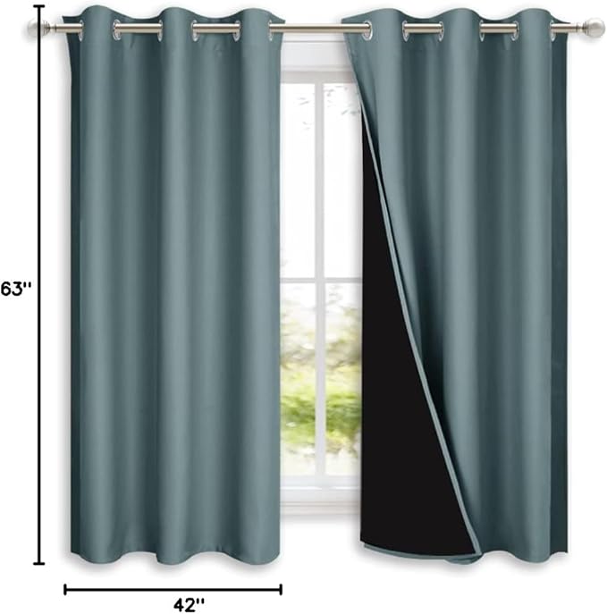 NICETOWN Greyish Blue 100% Blackout Lined Curtains, 2 Thick Layers Completely Blackout Window Treatment Panels Thermal Insulated Drapes for Kitchen (1 Pair, 42" Width x 63" Length Each Panel)