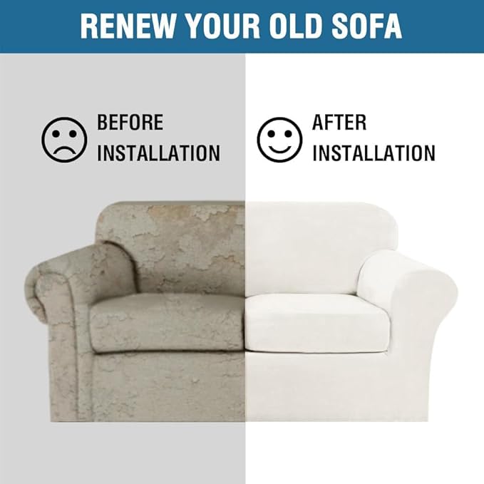 H.VERSAILTEX Real Velvet Plush 3 Piece Stretch Sofa Covers Couch Covers for 2 Cushion Couch Sofa Slipcovers Width Up to 90 Inch Feature Thick Soft Stay in Place (Sofa, Porcelain White)