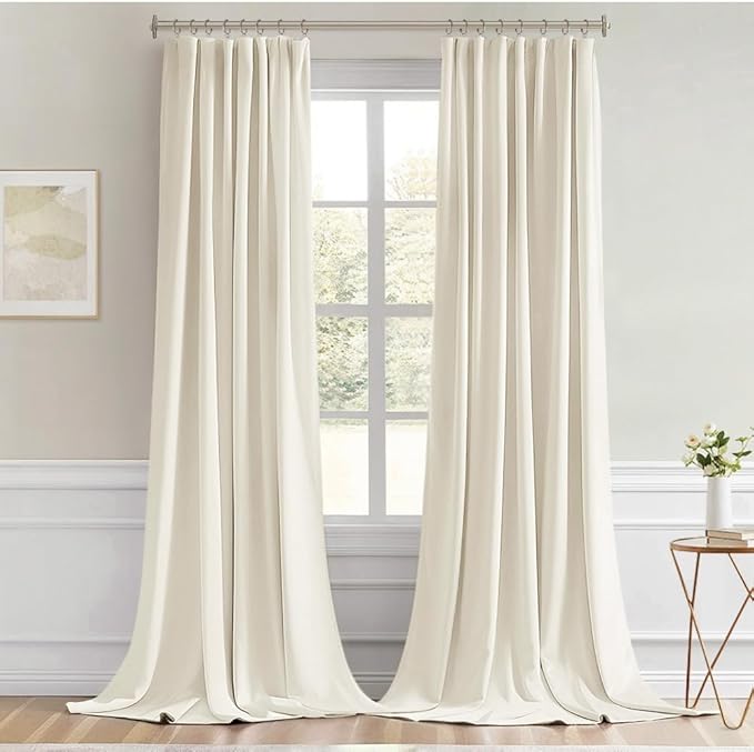 MIULEE Beige White Back Tab Blackout Curtains 102 Inch Long 2 Panels Set for Bedroom, Rod Pocket/Pinch Pleated Thermal Insulated Living Room Darkening Light Blocking Floor to Ceiling Drapes