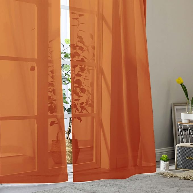Sheer Orange Curtains for Bedroom Living Room 90 Inches Long 2 Panels Set, Soft Airy Light Filtering Sheer Window Treatments, Modern Rod Pocket Curtains Drapes, Each 42" Wx90 L Inch