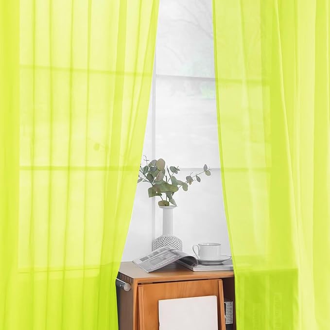 youleyar Solid Sheer Rod Pocket Curtain Voile Draperies 2 Panels White Beige Black Grey Ivory 52 Inch Width 96 Inch Long 1 Pair for Kitchen Bedroom Children Living Room Yard (Chartreuse,52Wx96L)