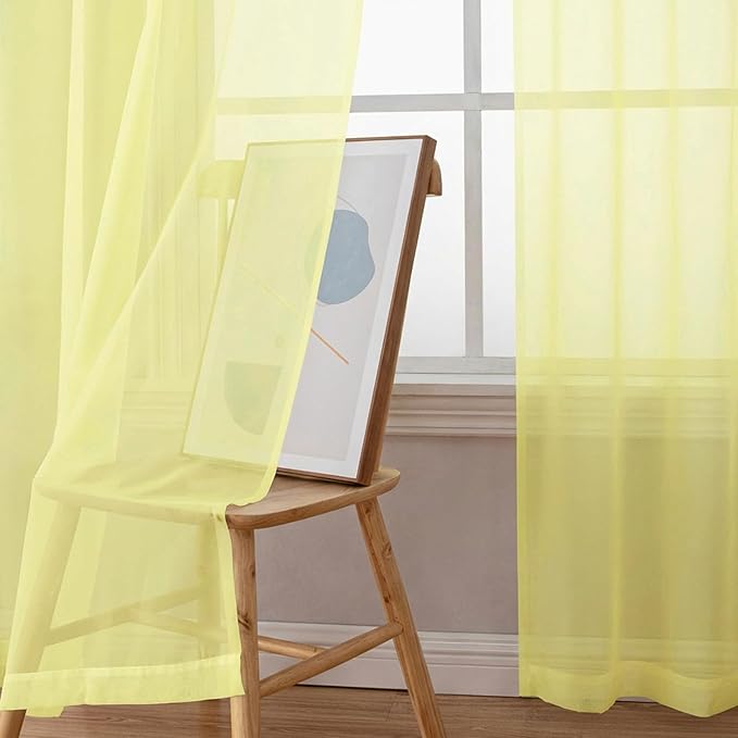 Chyhomenyc Sheer Curtains 90 inches Long 2 Panels - Light Filtering Soft Airy Solid Elegant Voile Window Treatment Drapes for Bedroom Living Room, 42Wx90L Inches, Light Yellow