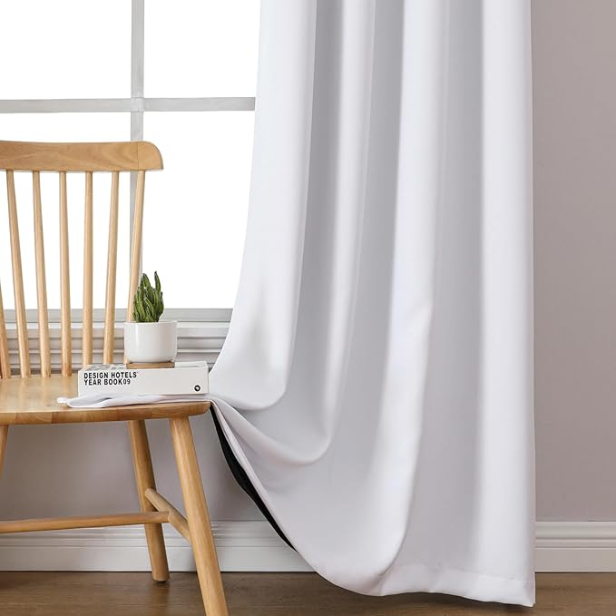 ChrisDowa 100% Blackout Curtains 63 inch Long for Bedroom with Black Liner, Extra Wide 2 Thick Layers Total Blackout Thermal Insulated Grommet Window Curtains 2 Panels Set (Pure White, 60 x 63 Inch)