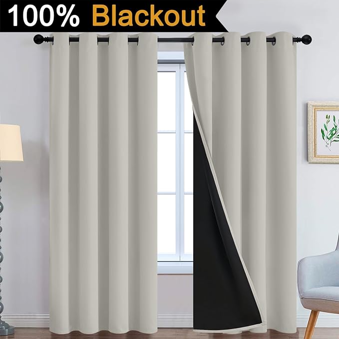 Yakamok Cream Beige 100% Blackout Curtains, Thermal Insulated Total Blackout Drapes for Bedroom, Heat Blocking Window Curtains for Living Room(52Wx96L, 2 Panels)