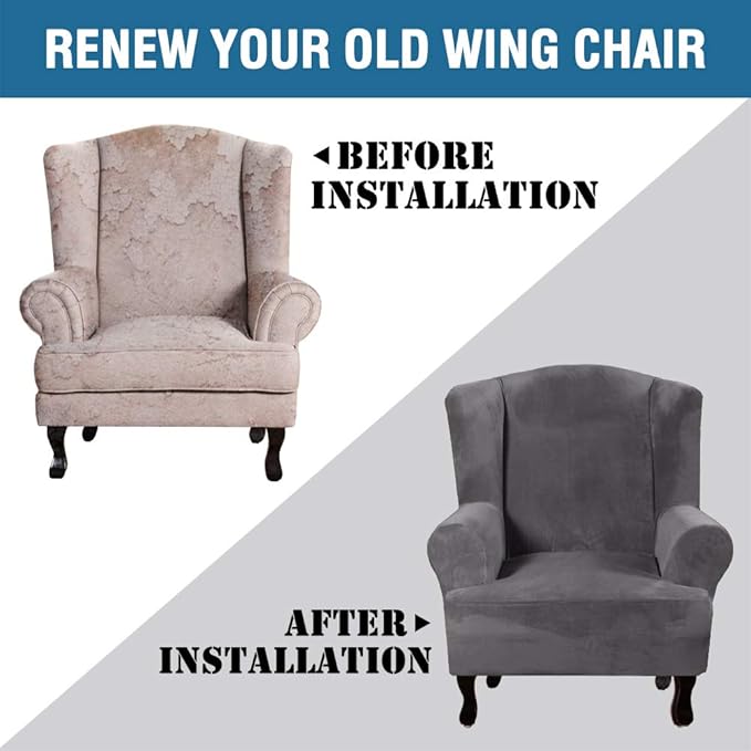 H.VERSAILTEX Wingback Chair Covers Velvet Plush Wing Chair Slipcover 1 Piece High Stretch Wing Back Chair Slipcovers Sofa Cover Furniture Cover with Elastic Bottom, Grey
