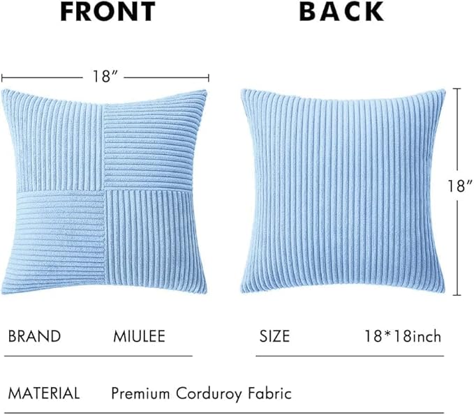 MIULEE Light Blue Decorative Throw Pillow Covers 18x18 Inch for Couch Bed Sofa Pack of 2 Boho Farmhouse Throw Pillows Soft Cross Corduroy Patchwork Textured Cushion Cases