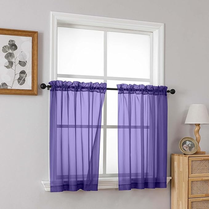 Purple Small Sheer Curtains Tier 24 Inches Length 2 Pieces, Light Filtering Cafe Curtains Sheers for Living Room Bathroom, Modern Window Treatments Dual Rod Pocket Panels, 2X42Wx24L Inches