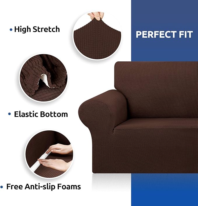 KEKUOU Stretch Sofa Cover Slipcover ,Couch Covers for 3 Cushion Couch Sofa pet Friendly (78"-94") Furniture Protector Sofa with Elastic Bottom for Kids,Dog, Jacquard Small Checked(Large,Chocolate)