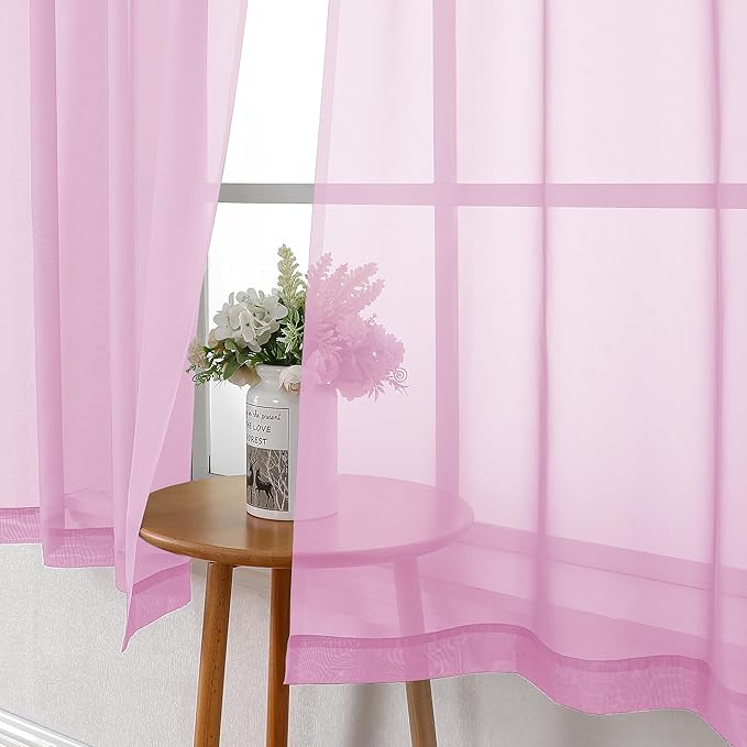 Lecloud Light Pink Sheer Curtains 36 Inch Length 2 Panels, Elegant Voile Cafe Short Curtain Tiers, Airy Breathable Gauzy Kitchen Curtains for Bedroom with Dual Rod Pocket, Each Panel 42 X 36 Inch