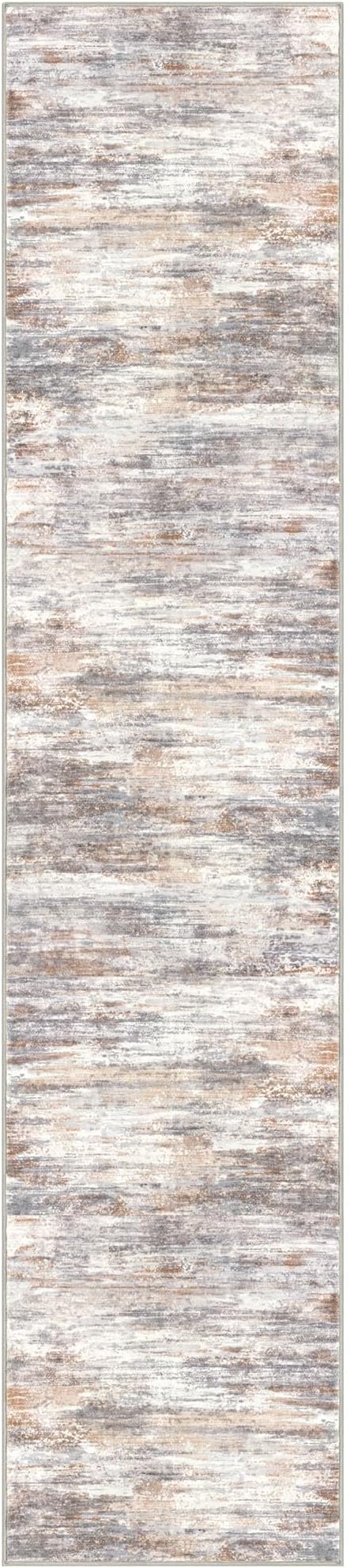 KOZYFLY Modern Abstract Washable Rug Runner 2.6x12 Hallway Rug Runner Non-Slip Soft Kitchen Runner Rugs, Multi Grey/Orange Striped Carpet for Entryway Bathroom