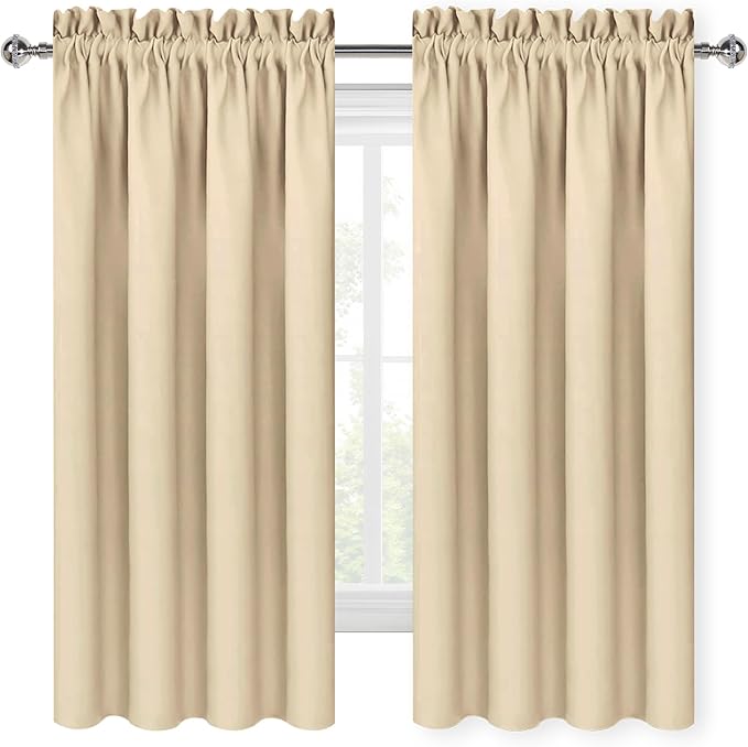 DWCN Beige Curtains for Bedroom Thermal Insulated Room Darkening Drapes for Living Room Rod Pocket Light Blocking Solid Window Treatment, W 42 x L 63 Inch, 2 Panels, Beige