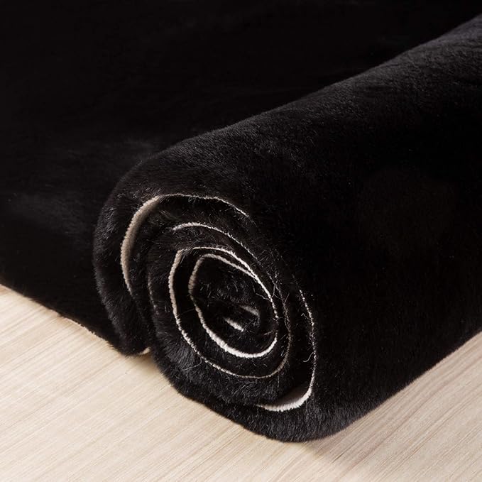 Ashler HOME DECO Ultra Soft Faux Rabbit Fur Chair Couch Cover Area Rug for Bedroom Floor Sofa Living Room Black 2 x 3 Feet