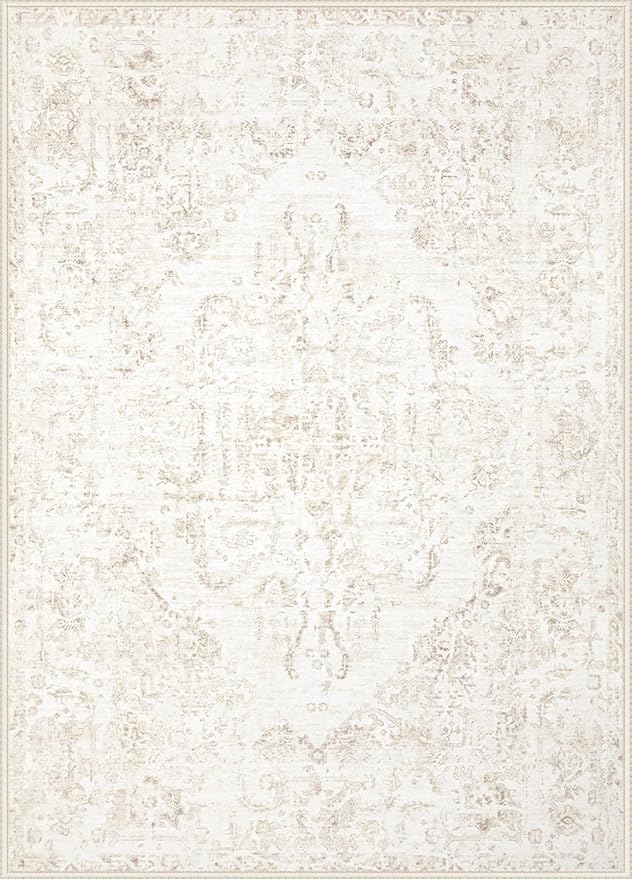 5x7 Area Rugs for Living Room: Washable Rug Vintage Large Rugs Soft Non Slip Low Pile Rug Floral Distressed Floor Carpet for Bedroom Kitchen Nursery Dining Room Home Office (Beige, 5'x7')