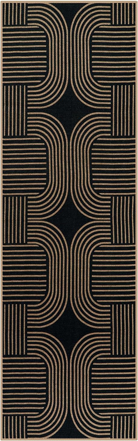 Lahome Enfys Modern Geometric Black Runner Rug, 2x8 Indoor Outdoor Hallway Kitchen Runner Rug with Rubber Backing, Farmhouse Washable Non Slip Non Shedding Floor Carpet for Bedroom Entry Patio