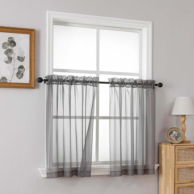 Grey Small Sheer Curtains Tier 24 Inches Length 2 Pieces, Light Filtering Cafe Curtains for Living Room Bathroom, Window Treatments Dual Rod Pocket Panels, Charcoal Grey, 2X42Wx24L Inches