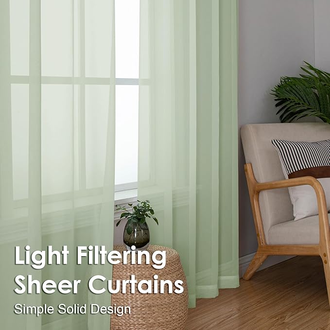 OVZME Light Green Sheer Curtains 63 Inches Long 2 Panels - Soft Light Filtering Window Sheer Panels for Living Room/Bedroom, Top Dual Rod Pocket, 1 Pair, Each 42Wx63L Inches