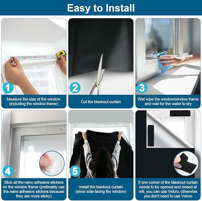 100% Blackout Curtains for Bedroom, Portable DIY Window Blinds, No Drill Window Shades & Blackout Blinds with Stickers & Tabs for Travel, Dorm Room, Media Room (79" x 57")