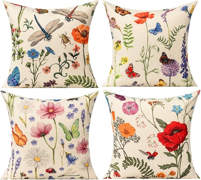 All Smiles Outdoor Patio Throw Pillow Covers 24x24 Set of 4 Summer Spring Garden Flowers Farmhouse Décor Outside Furniture Swing Seat Bench Chair Decorative Cushion Cases for Deep Seat Bed Couch Sofa