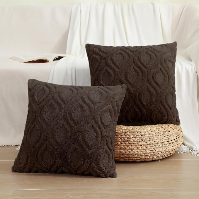 decorUhome Throw Pillow Covers 20x20 Inch Set of 2, Soft Plush Faux Wool Dark Brown Solid Couch Pillow Covers, Accent Farmhouse Neutral Square Pillow Cases for Sofa Bed Living Room
