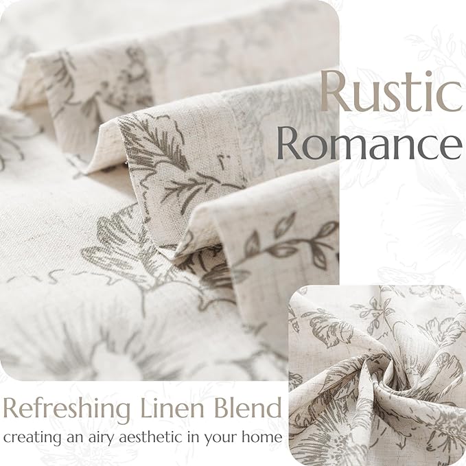 jinchan Linen Blend Curtain Floral Curtains for Living Room 45 Inch Length Grey Printed Curtain Rod Pocket Back Tab Farmhouse Peony Flower Patterned Drapes Bedroom Window Curtains Set 2 Panels
