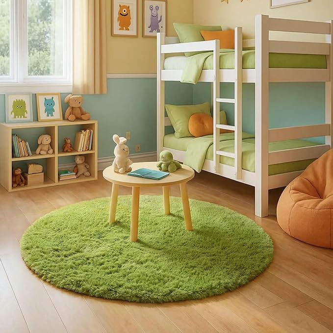 Amdrebio Grass Green Round Area Rug 7Ft for Living Room Bedroom Decor Aesthetic, Large Fluffy Shaggy Fuzzy Circle Rugs for Baby Nursery Kids Playroom, Big Soft Shag Floor Circular Modern Cool Carpet