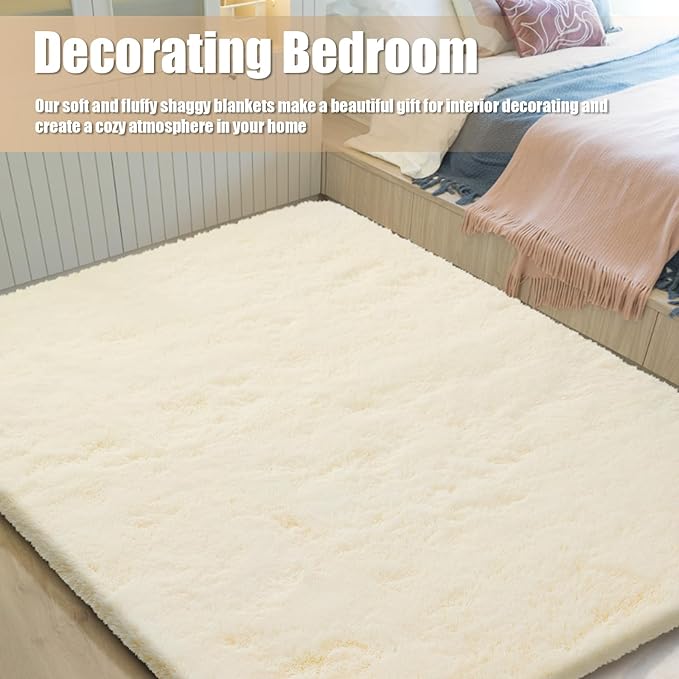 6x9 Fluffy Area Rug for Living Room,Shag Area Rugs for Bedroom,Ivory Soft Fuzzy Rug Non-Shedding Indoor Plush Carpet for Kids Bedroom Nursery Dorm Home Decor