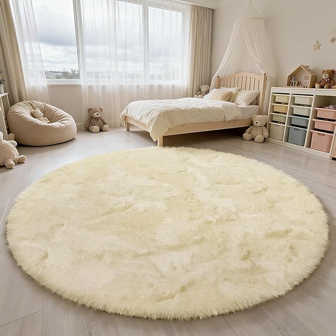 yulidayang Fluffy Round Area Rugs for Bedroom,Ivory 5'X5'Shag Circle Area Rugs for Girls Room,Non Slip Fuzzy Plush Rug for Kids Room Living Room and Dorm Home Rug