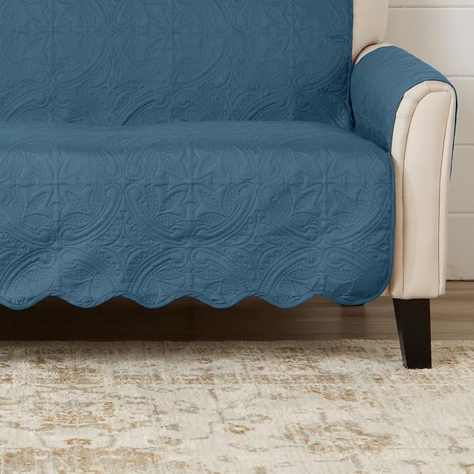 Great Bay Home Reversible Chair Cover - Washable Slipcover Furniture Protector with Elastic Straps - Perfect for Kids & Pets - Quilted & Stitched Detail (Smoke Blue/Ivory)