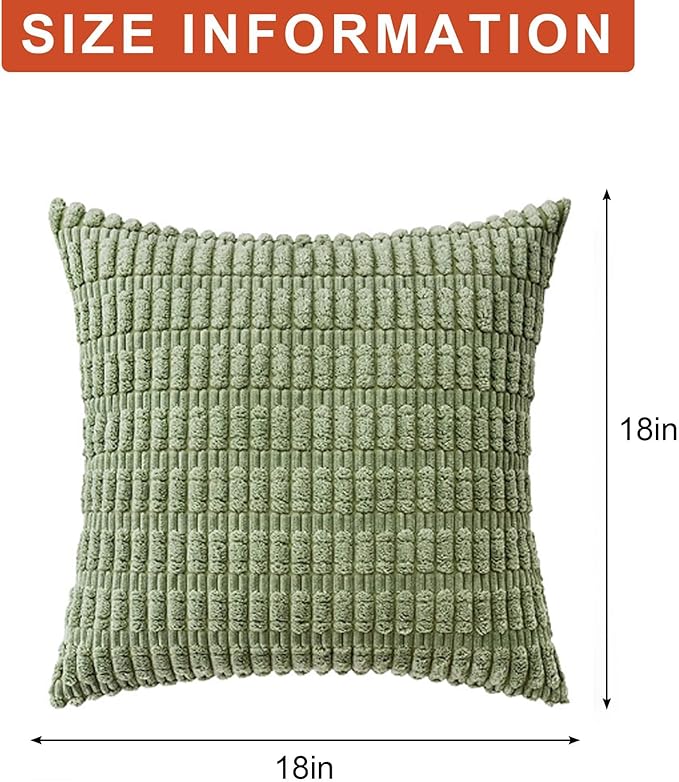 Pack of 2 Corduroy Decorative Throw Pillow Covers 18x18 InchSoft Boho Striped Pillow Covers Modern Farmhouse Home Decor for Sofa Living Room Couch Bed(Sage Green)