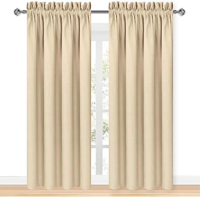 DWCN Blackout Curtains for Living Room Thermal Insulated, Energy Saving & Noise Reducing Bedroom Curtains, Beige, W 70x L 84 Inch, Set of 2 Rod Pocket Curtain Panels