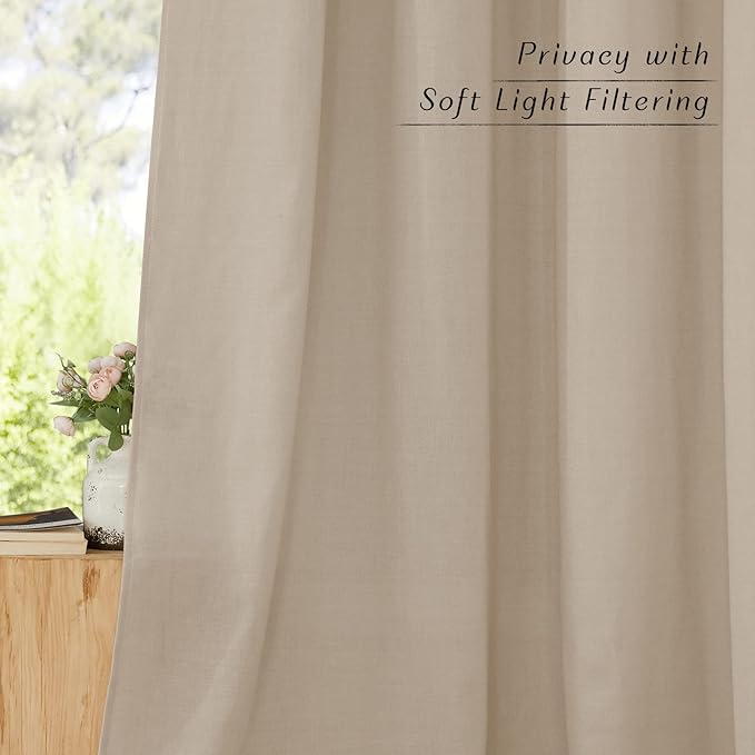 NICETOWN Linen Curtains 96 inches Long for Living Room, Grommet Semi Sheer Drapes Linen Weave Window Treatments Privacy Added with Light Filtering for Bedroom, Taupe, W34 x L96, 2 Panels
