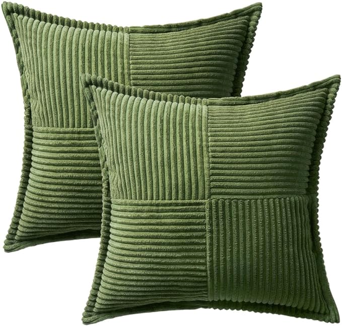 MIULEE Spring Decorative Throw Pillow Covers for Couch Bed Livingroom 20x20 Inch Set of 2 Moss Green Boho Accent Throw Pllows Broadside Striped Patchwork Soft Corduroy Summer Pillowcases