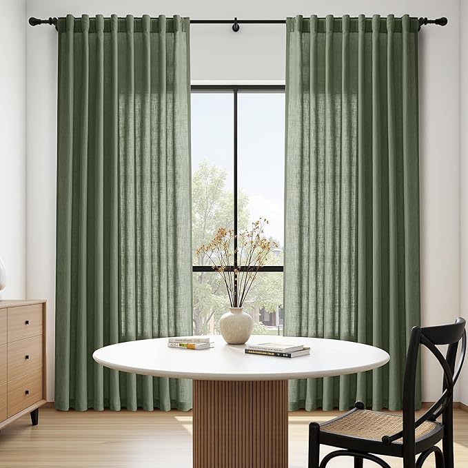 Nanspring Olive Green Linen Blend Semi Sheer Curtains 102 Inches Long x 60 Inches Wide, 2 Panel Set Back Tab Privacy Filtered and Breathable Extended Curtain for Bedroom Living Room 60x102