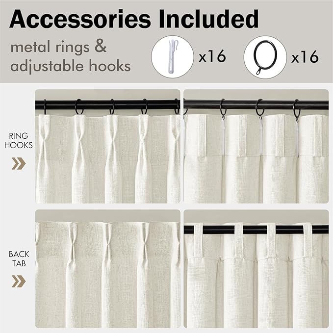 MIULEE Pinch Pleated Thick Linen Curtains 102 Inches Long 2 Panels for Living Room Bedroom, Linen Texture Pleat Drapes Memory Trained Light Filtering Neutral Ivory Cream Farmhouse Window Curtains