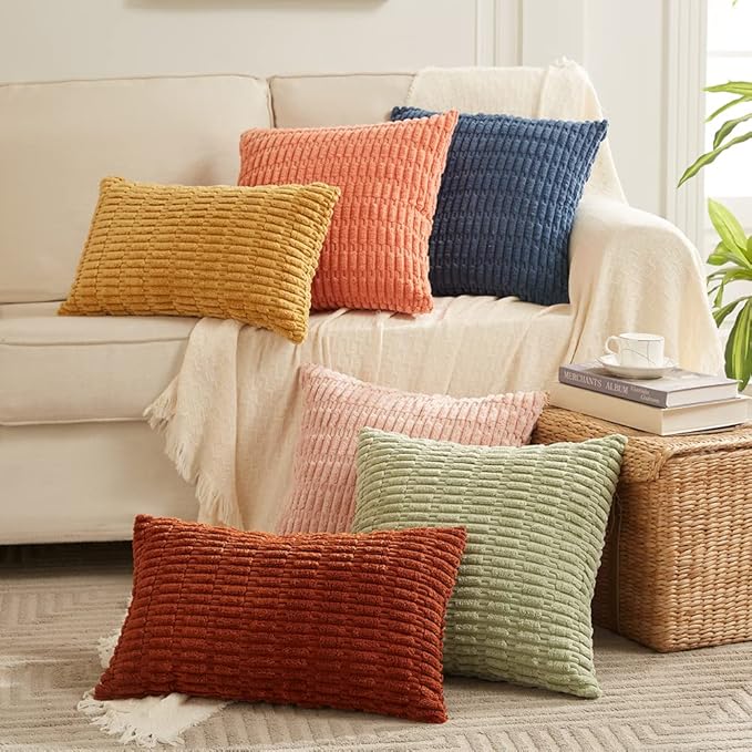Fancy Homi 4 Packs Mustard Yellow Decorative Throw Pillow Covers 16x24 Inch for Living Room Couch Bed Sofa, Rustic Farmhouse Boho Home Decor, Soft Plush Striped Corduroy Square Cushion Case 40x60 cm