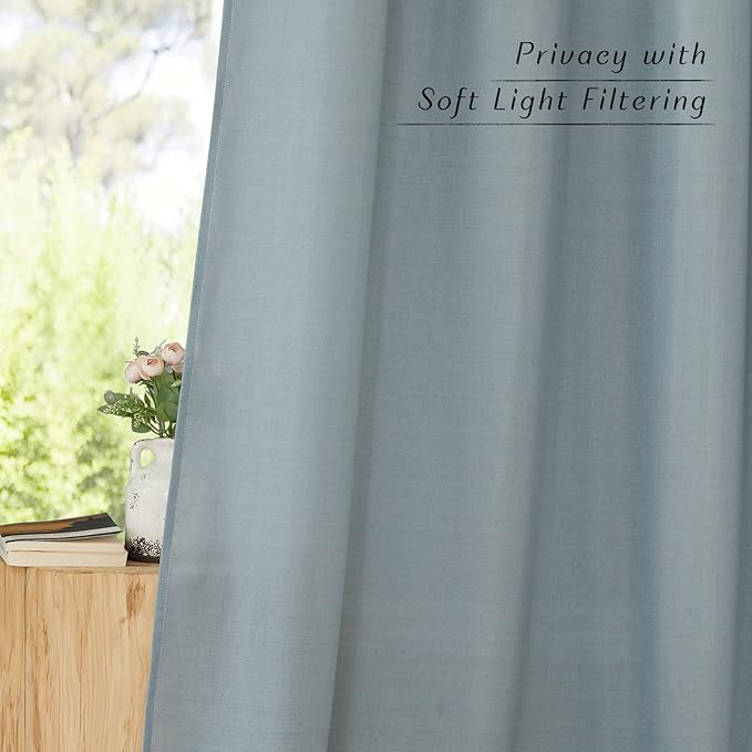 NICETOWN Linen Flax Semi Sheer Curtains 92" Length, Grommet Window Treatments Privacy Added with Light Penetration Vertical Drapes for Loft/Home Office, Stone Blue, W55 x L92, 2 Panels