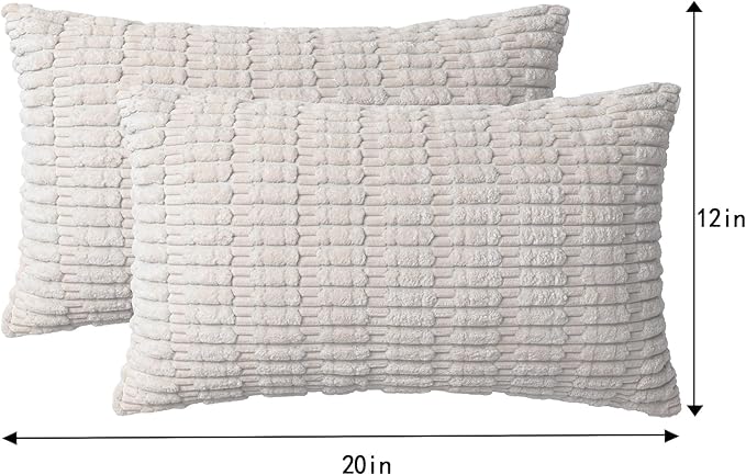Pack of 2 Corduroy Decorative Throw Pillow Covers 12x20 InchSoft Boho Striped Pillow Covers Modern Farmhouse Home Decor for Sofa Living Room Couch Bed(Cream White)