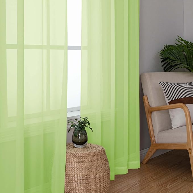 Simplebrand Lime Short Sheer Curtains 45 Inch Length for Small Windows, Rod Pocket 2 Panels Set Solid Voile Drapes Window Sheer Curtains for Bedroom Bathroom Kids Room Kitchen, 42x45 Inch, Lime