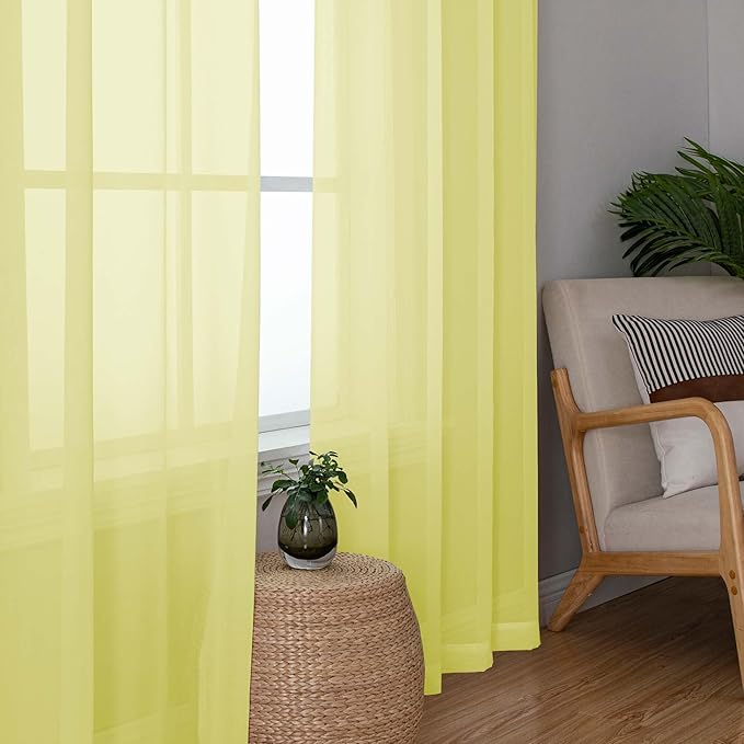 Simplebrand Lemon Short Sheer Curtains 45 Inch Length for Small Windows, Rod Pocket 2 Panels Set Solid Voile Drapes Window Sheer Curtains for Bedroom Bathroom Kids Room Kitchen, 42x45 Inch, Lemon