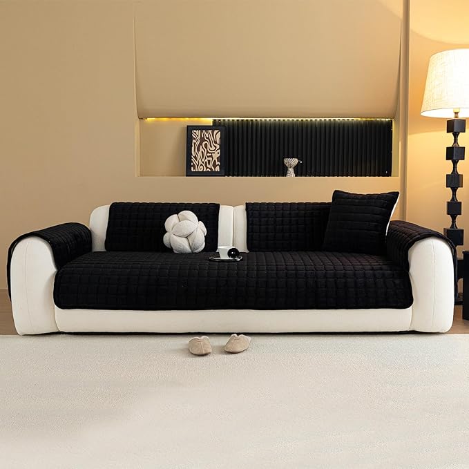 Velvet Couch Cover, Plush Sectional Sofa Cover Washable, Anti Slip Sofa Slipcover for Armrest & Backrest, Furniture Protector Covers for Pets & Kids(1PC, Black, 35.4"×35.4", Single Seater)