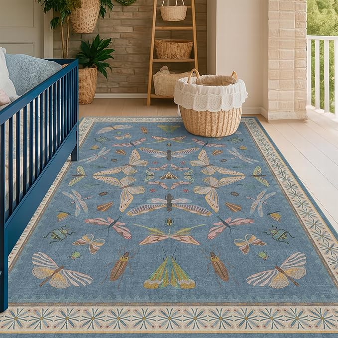 Blue Washable Kids Playroom Rug - 5x7 Area Rugs for Nursery Baby Boy, Bedroom, Living Room, Toddler Boy Room Decor, Cute Animals Print Carpet, Super Soft Non Slip Stain Resistant