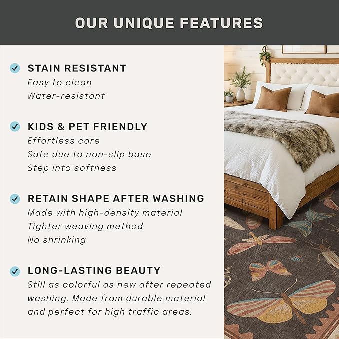 Boho Brown 3x5 Entryway Rugs Indoor - Farmhouse Kitchen Throw Area Rug, Insect Carpet for Bedroom, Mudroom, Laundry Room, Unique Home Décor, Low Pile & Soft Mat