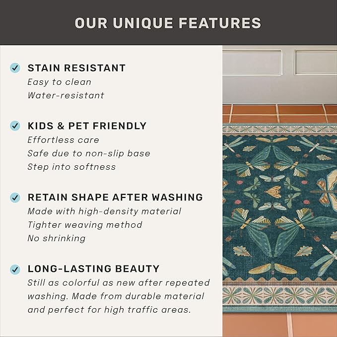 Dark Teal 4x6 Area Rugs for Door Mat Entrance - Vintage Floor Rug for Entryway, Mudroom Kitchen, Floral Forest Insect Print, Washable Low Pile Non-Slip Stain Resistant