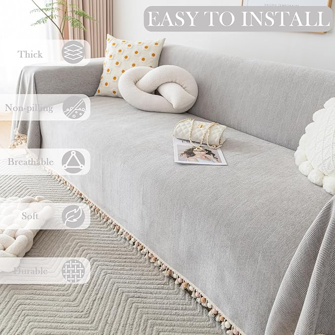HANDONTIME Grey Sofa Cover for Couch Boho Couch Cover for 3 Seat Dog Couch Cover Love Seat Couch Covers Light Grey Sectional Cover 71" X118" Tassel Chenille Herringbone Sofa Covers Washable