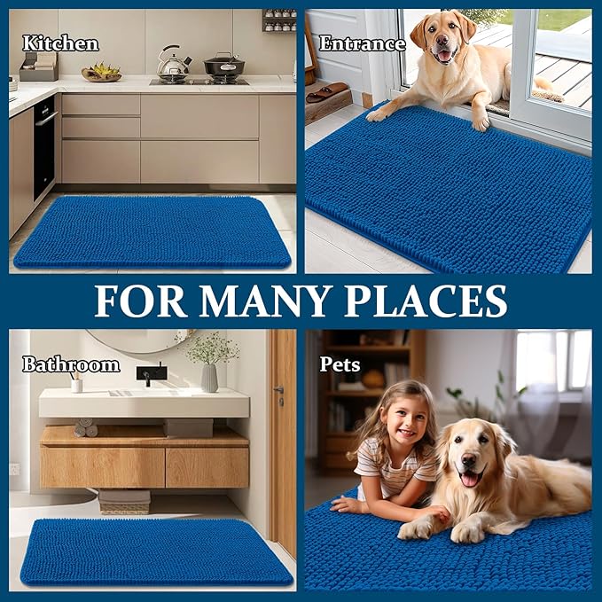OLANLY Dog Door Mat for Muddy Paws 47x24, Absorbs Moisture and Dirt, Absorbent Non-Slip Washable Doormat, Quick Dry Chenille Mud Mat, Entry Indoor Entryway Carpet for Inside Floor, Deep Navy Blue