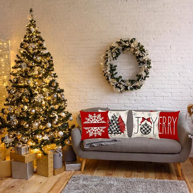 ONFAON Christmas Decorations - Christmas Pillow Covers 18x18 Set of 4,Farmhouse Christmas Throw Pillow Covers Set for Home Bedroom Sofa Couch
