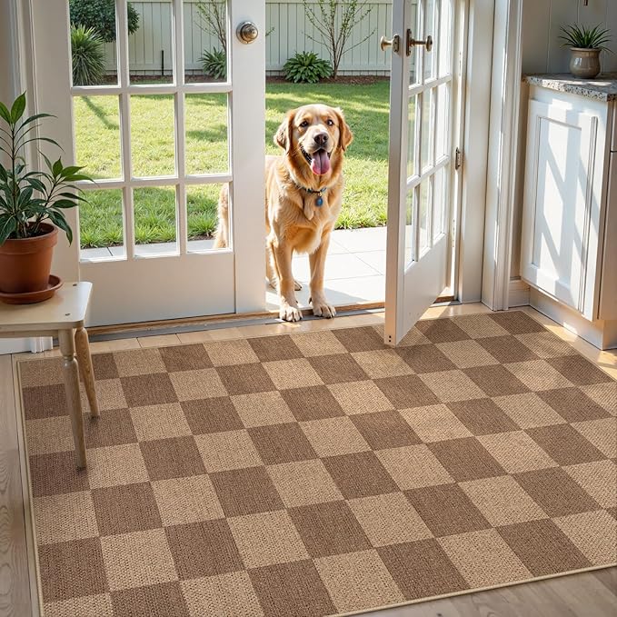 Lahome Colette Checkered Easy Jute Entryway Rug, Washable Rugs 3x5 for Living Room Farmhouse Carpet, Non Slip Indoor Outdoor Door Mat Checkerboard Throw Carpet for Entry Patio Guestroom Deck