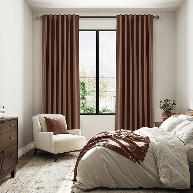 Guken 100% Blackout Curtains 102 Inch Length 2 Panels Set for Living Room Bedroom Back Tab Thermal Insulated Black Out Linen Drapes Room Darkening Window Curtains Rustic Brown