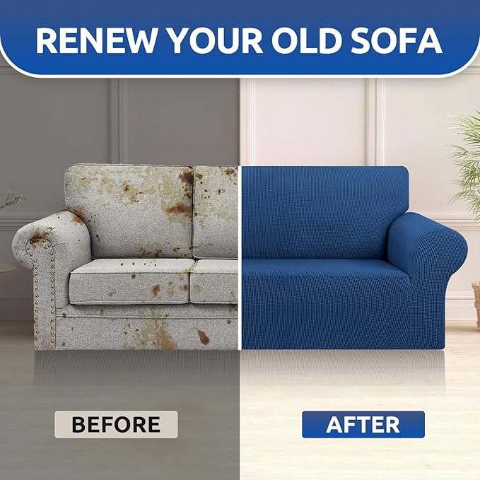 KEKUOU Stretch Sofa Cover Slipcover ,Couch Covers for 3 Cushion Couch Sofa pet Friendly (78"-94") Furniture Protector Sofa with Elastic Bottom for Kids,Dog, Jacquard Small Checked(Large,Classic Blue)