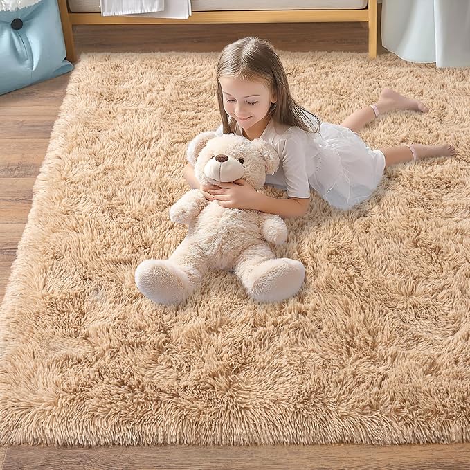 Pionblank 9x12 Area Rug, Large Area Rug for Living Room, Shag Rug for Bedroom, Soft Furry Non Slip Carpet for Kids Room Nursery Teens Dorm Home Decor, Camel